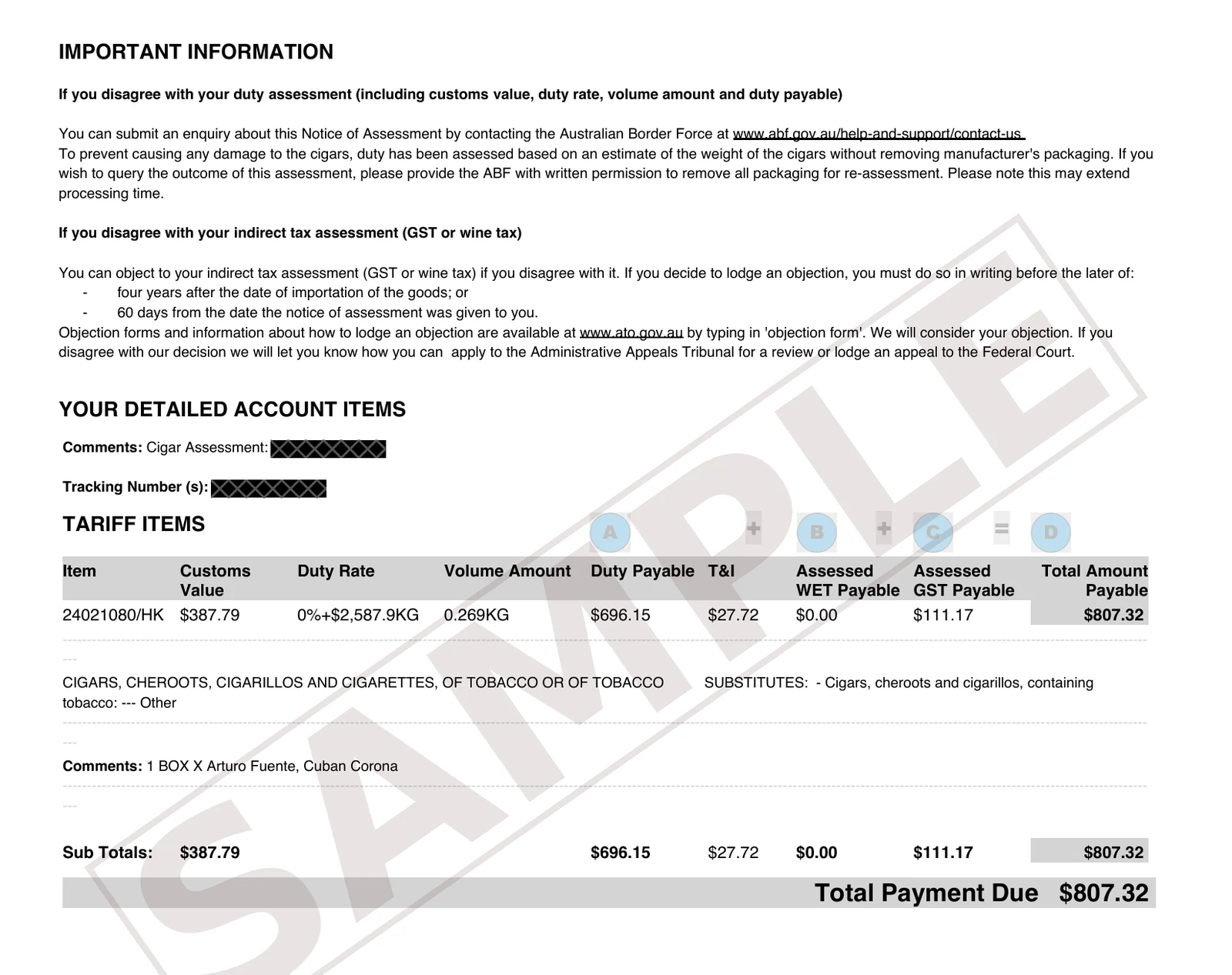 Page 2 of the sample ABF Notice of Assessment, marked SAMPLE. Tariff item for one box of Arturo Fuente Cuban Corona cigars: customs value A$387.79, duty rate A$2,587.90 per kg, assessed weight 0.269 kg, duty A$696.15, GST A$111.17, total A$807.32. It notes the weight was estimated without removing the packaging.