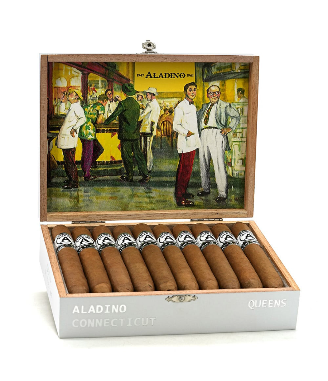 Aladino Connecticut Queens Perfecto Cigar Box of 20 close-up from AuCigars, premium Cuban cigar