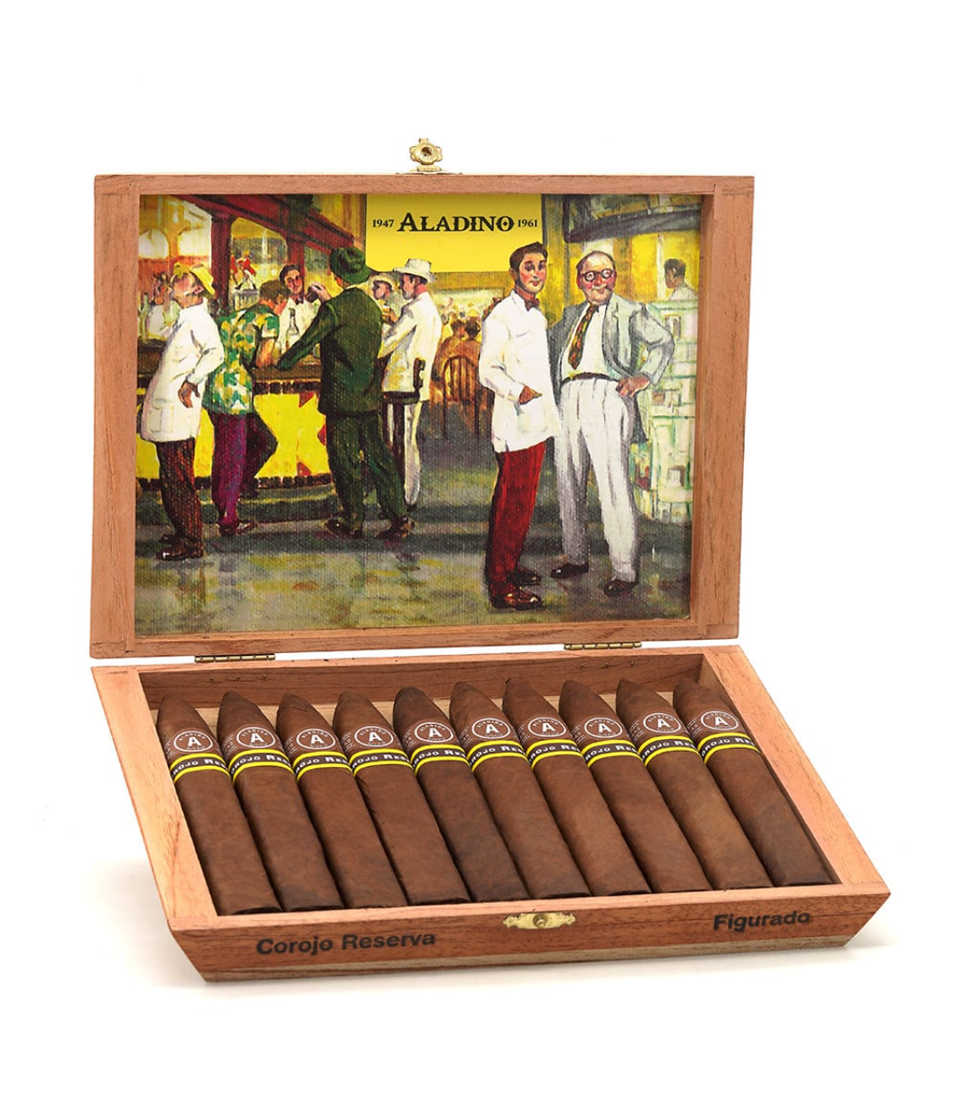 Aladino Corojo Reserva Figurado Cigar Box of 10 close-up from AuCigars, premium Cuban cigar