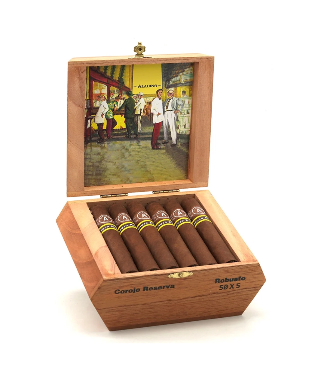 Aladino Corojo Reserva Robusto Cigar Box of 20 close-up from AuCigars, premium Cuban cigar