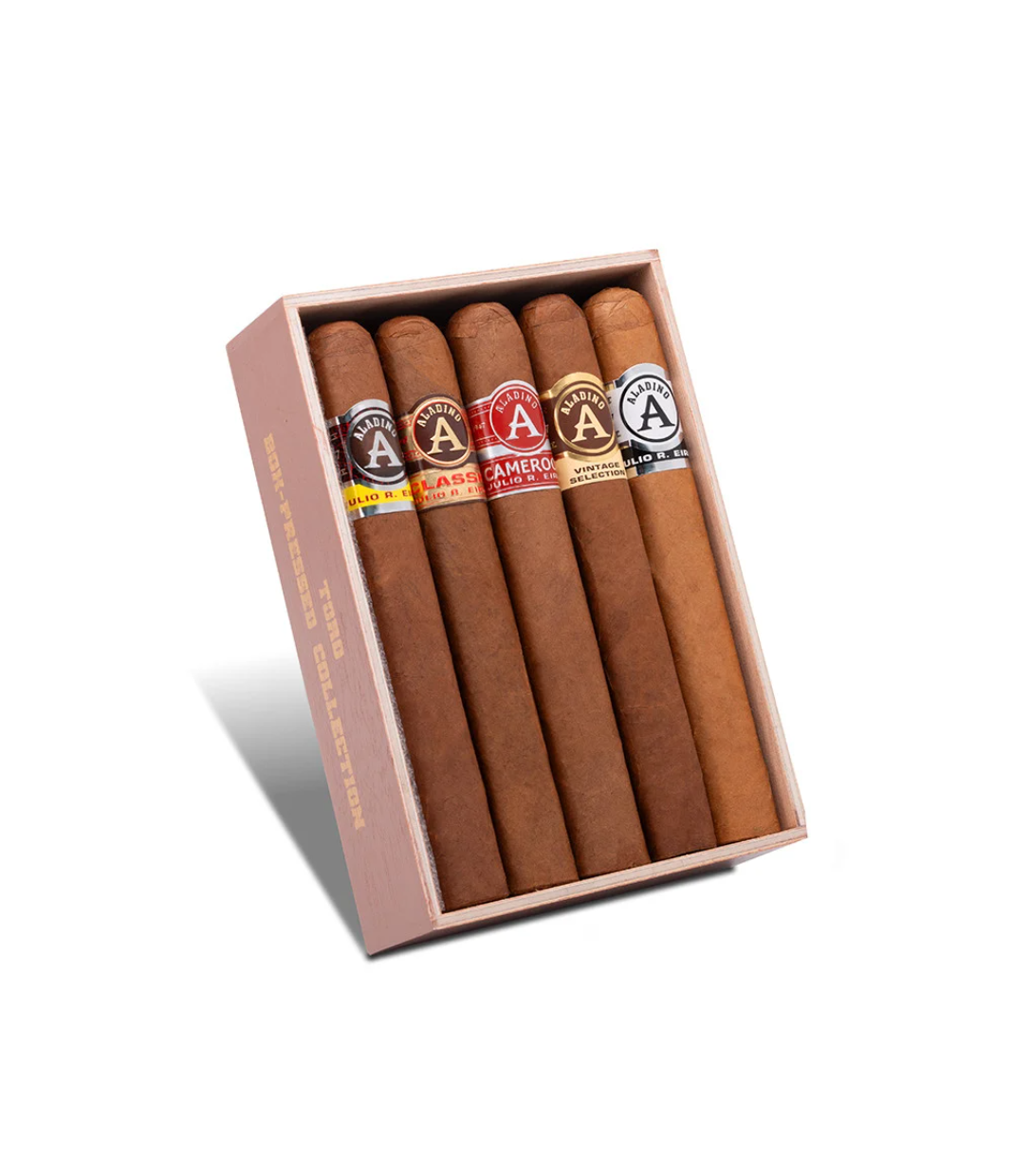 Aladino The Box-Pressed Collection Sampler Cigar Box of 10 close-up from AuCigars, premium Cuban cigar