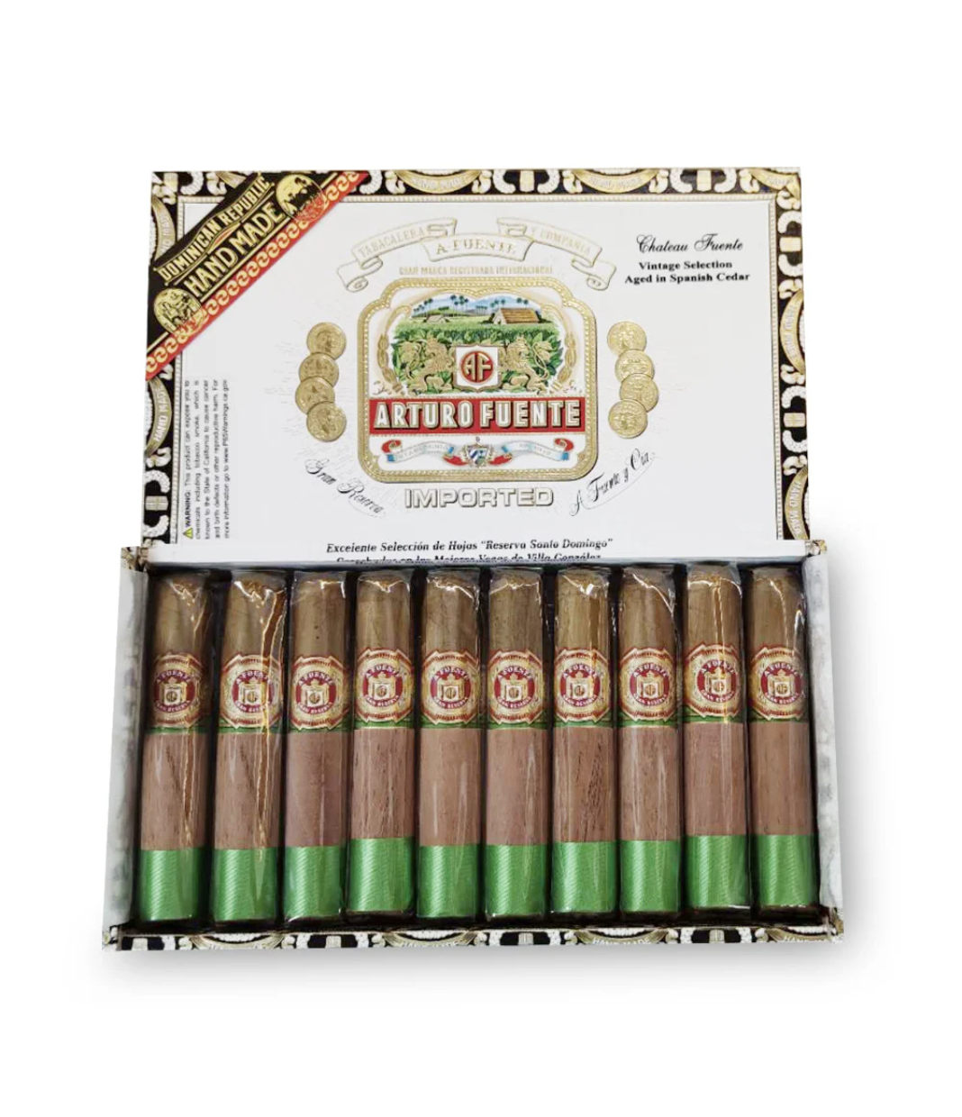 Arturo Fuente Chateau Fuente Cigar Box of 10 close-up from AuCigars, premium Cuban cigar