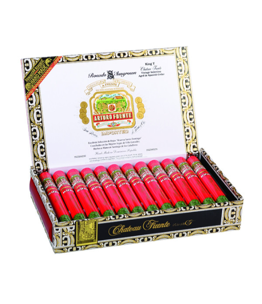Arturo Fuente Chateau Fuente King T Rosado Tube Cigar Box of 24 close-up from AuCigars, premium Cuban cigar
