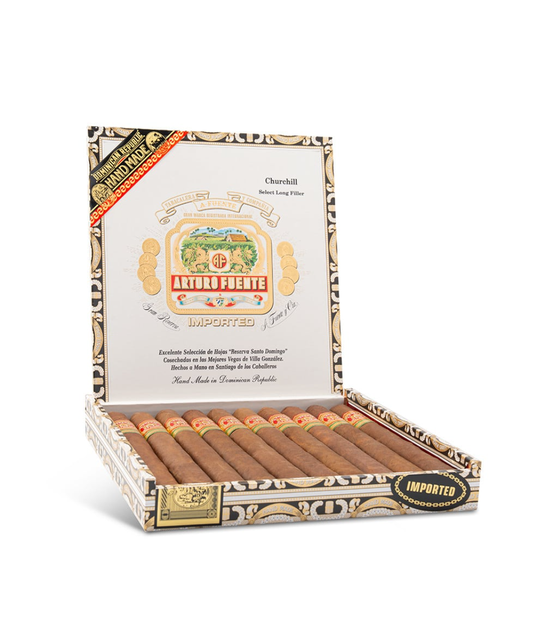 Arturo Fuente Churchill 10'S Cigar Box of 10 close-up from AuCigars, premium Cuban cigar