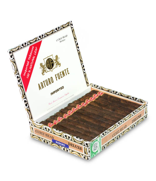 Arturo Fuente Curly Head De Luxe Maduro Cigar Box of 25 close-up from AuCigars, premium Cuban cigar