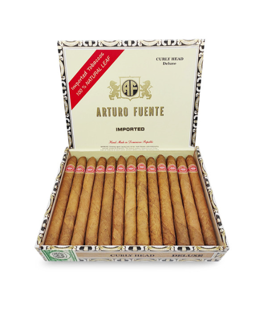 Arturo Fuente Curly Head Deluxe Cigar Box of 25 close-up from AuCigars, premium Cuban cigar