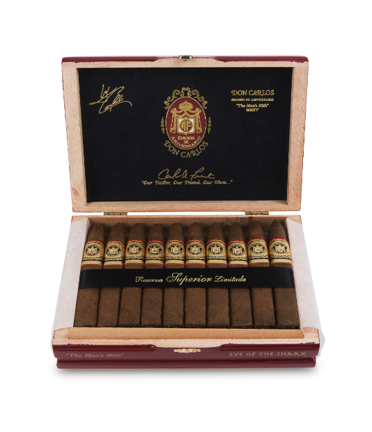Arturo Fuente Don Carlos Edicion de Aniversario 80th Eye of the Shark Cigar Box of 20 close-up from AuCigars, premium Cuban cigar