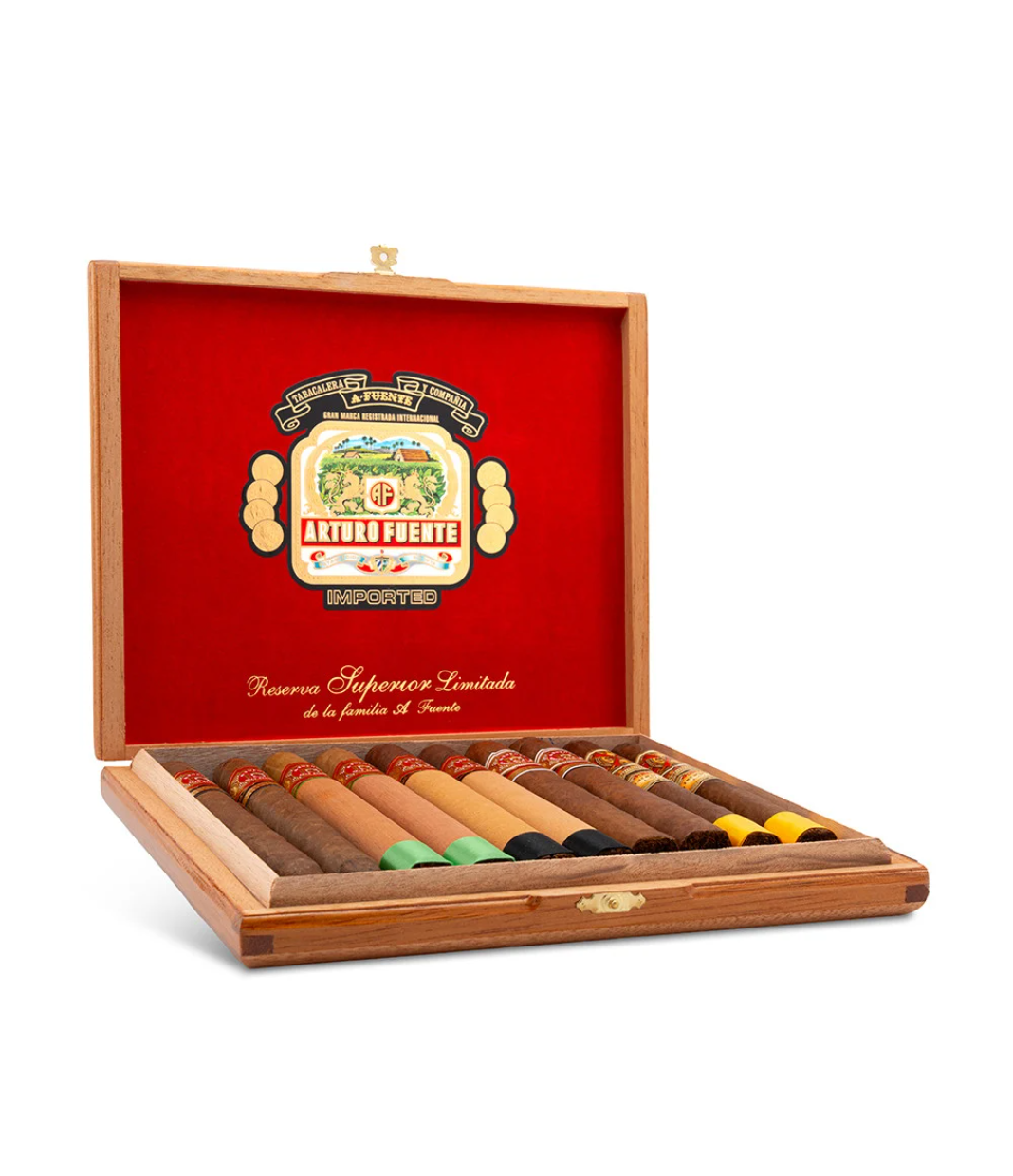 Arturo Fuente Holiday Collection Sampler 2023 Cigar Box of 10 close-up from AuCigars, premium Cuban cigar
