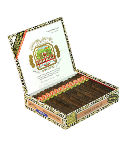 Arturo Fuente Spanish Lonsdale Maduro Cigar Box of 25 close-up from AuCigars, premium Cuban cigar