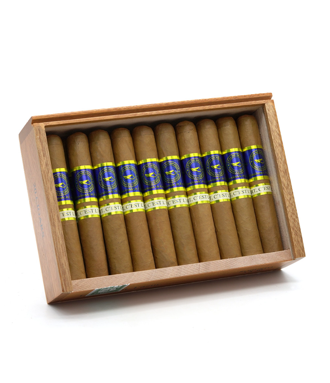 Casa Nicaragua Azul Robusto Cigar Box of 20 close-up from AuCigars, premium Cuban cigar