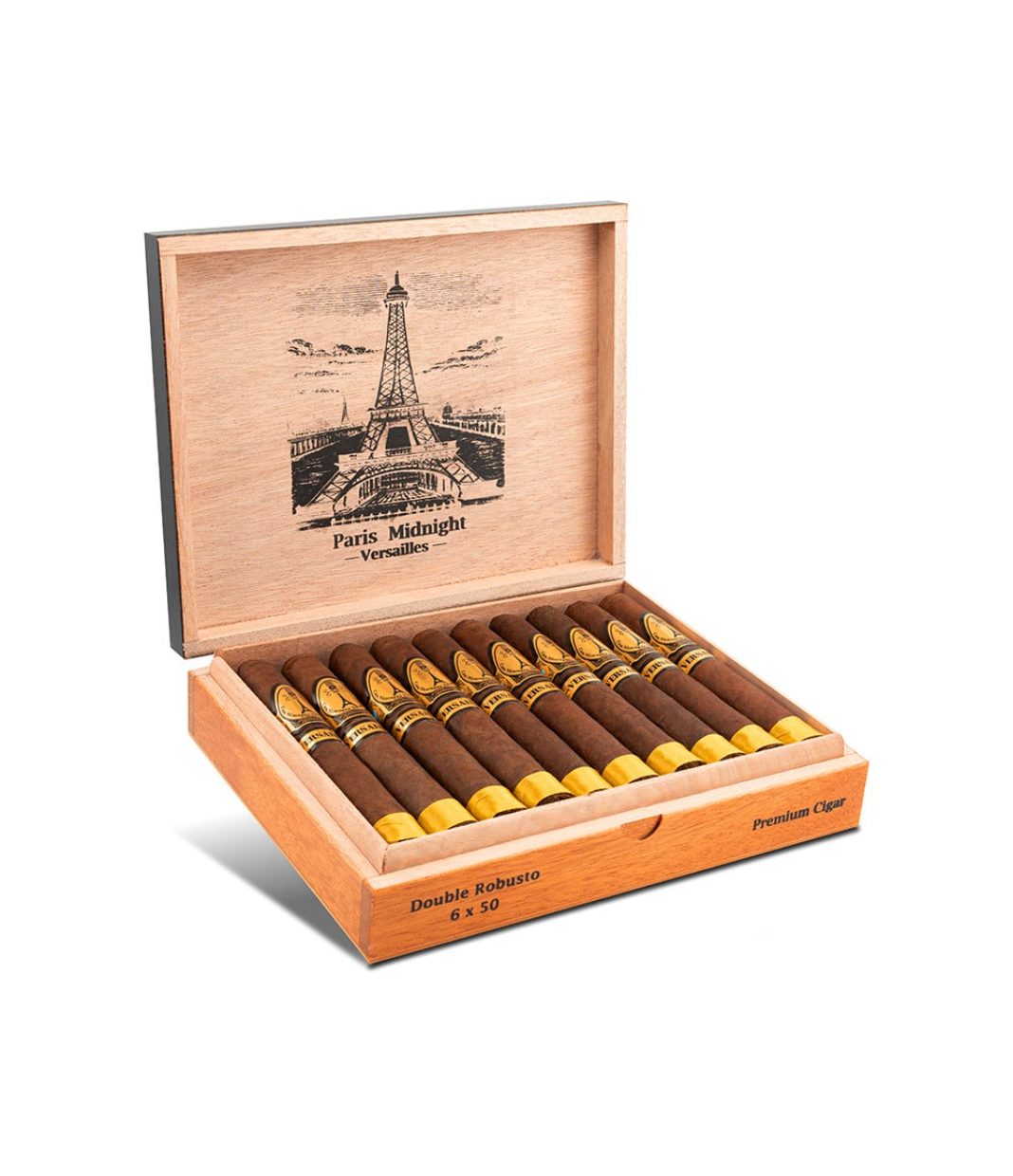 Casa Nicaragua Paris Midnight Versailles Double Robusto Cigar Box of 20 close-up from AuCigars, premium Cuban cigar