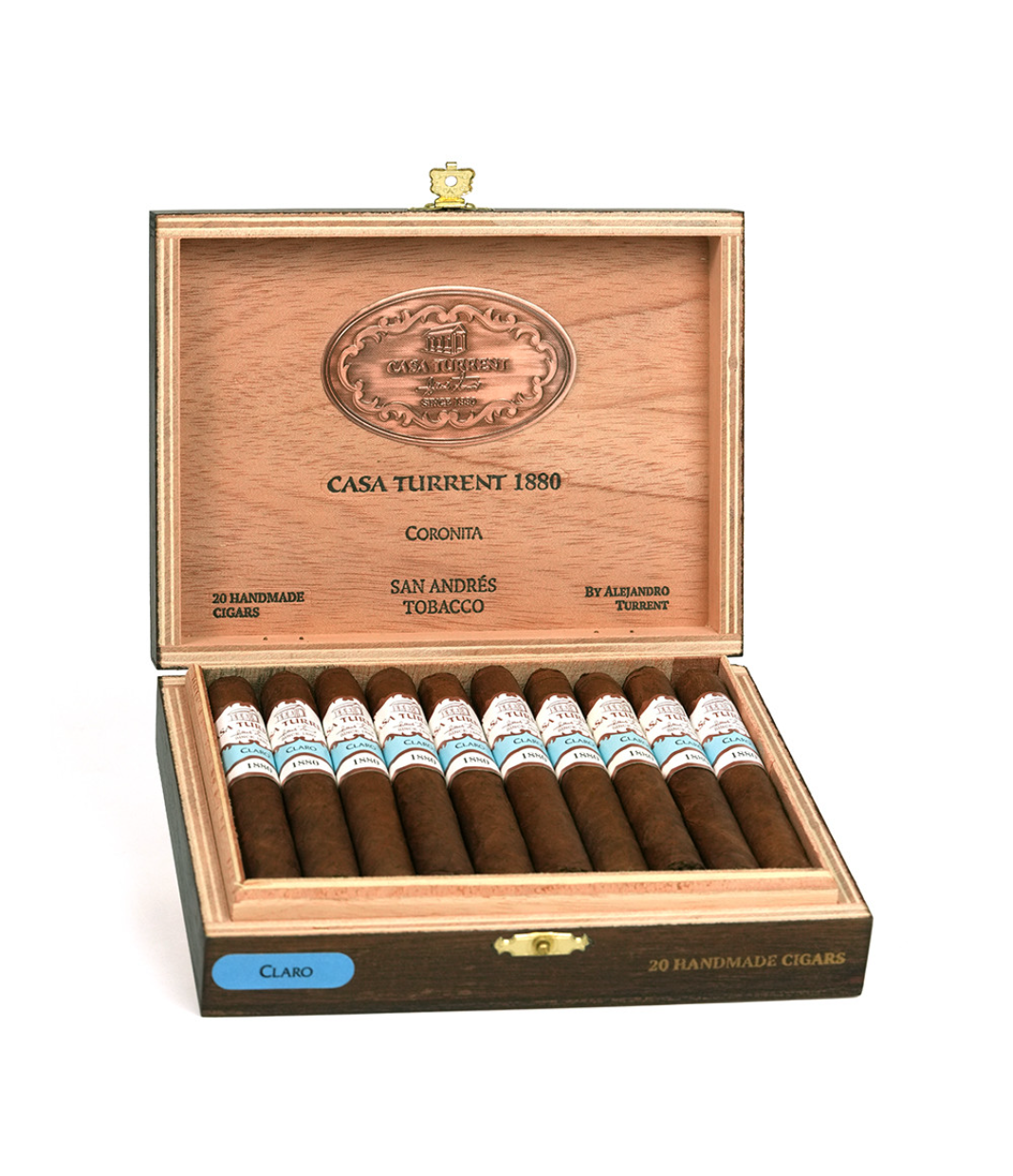 Casa Turrent 1880 Claro Coronita Cigar Box of 20 close-up from AuCigars, premium Cuban cigar