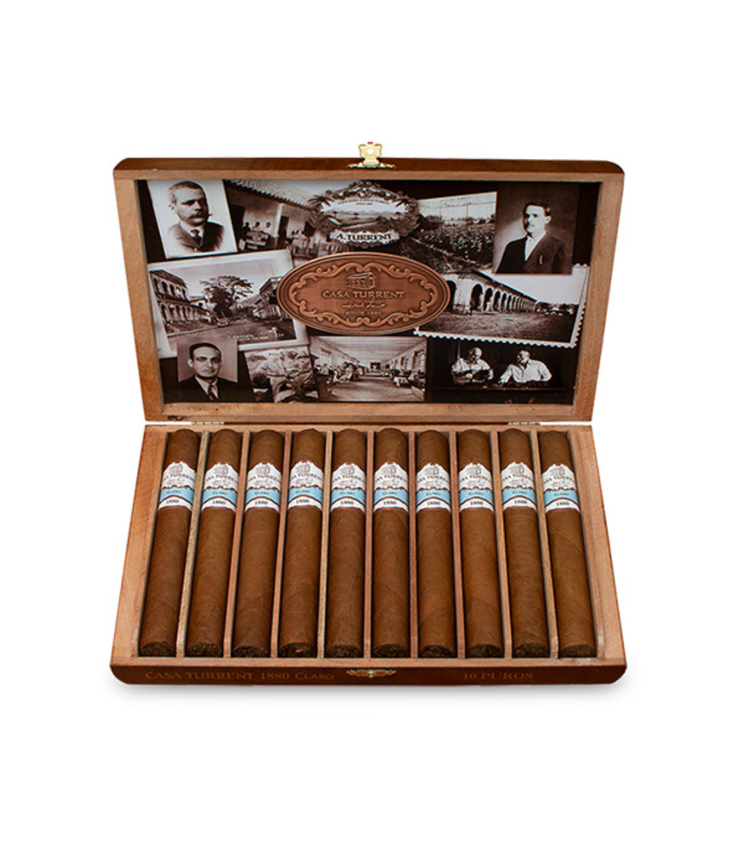 Casa Turrent 1880 Claro Doble Robusto Cigar Box of 10 close-up from AuCigars, premium Cuban cigar