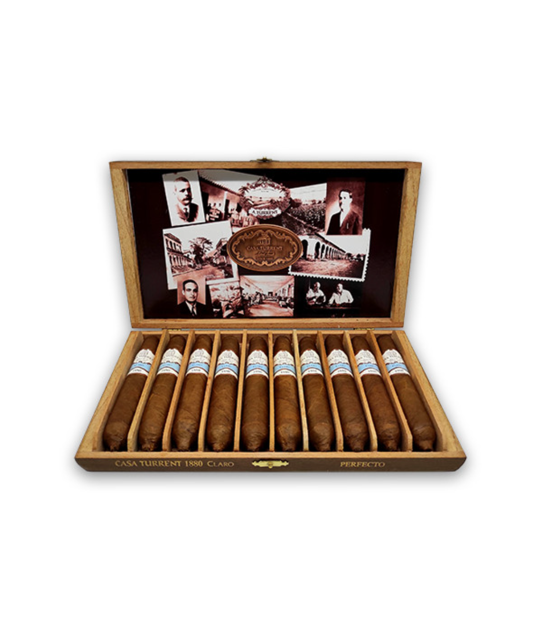 Casa Turrent 1880 Claro Perfecto Cigar Box of 10 close-up from AuCigars, premium Cuban cigar