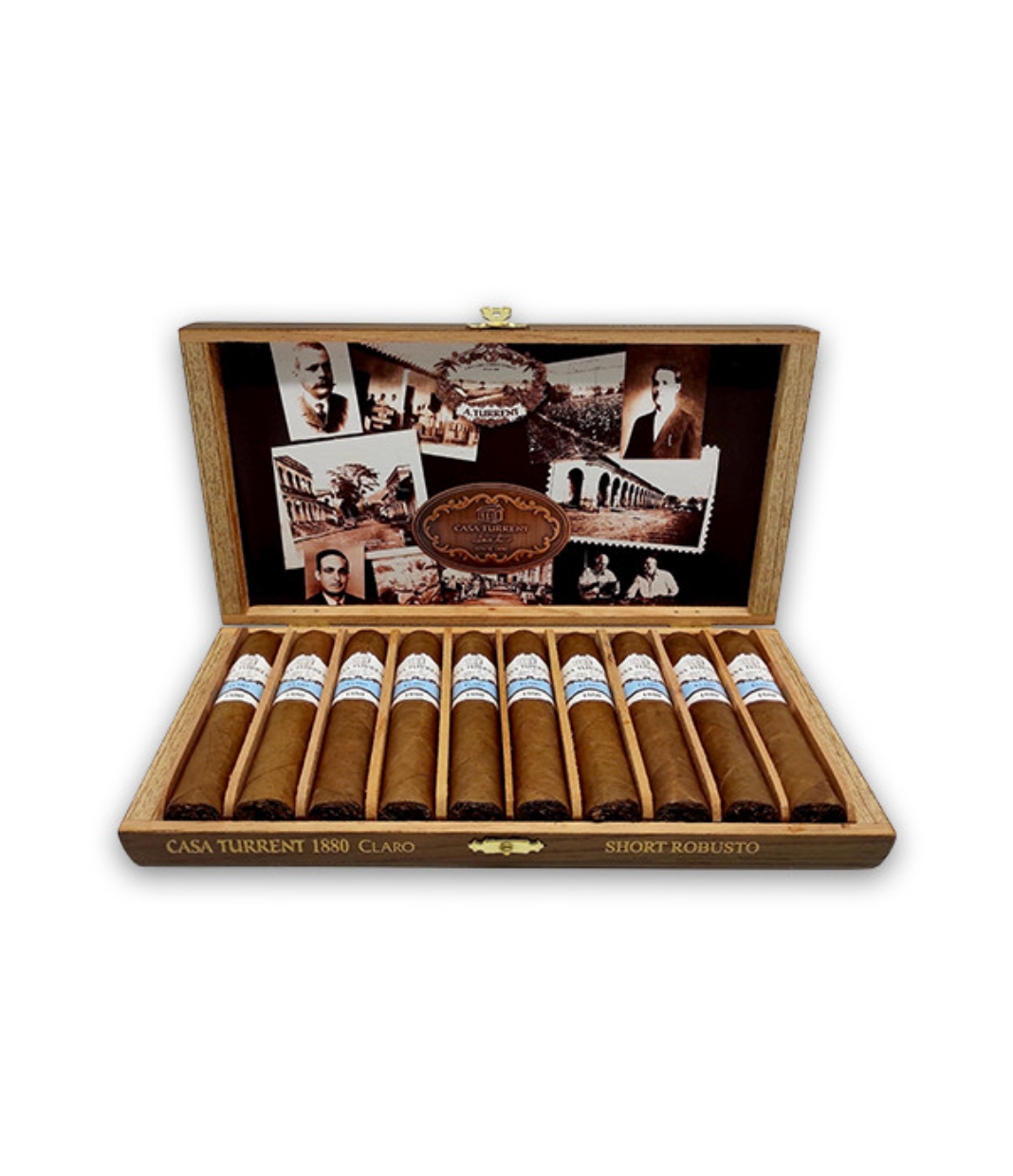 Casa Turrent 1880 Claro Short Robusto Cigar Box of 10 close-up from AuCigars, premium Cuban cigar