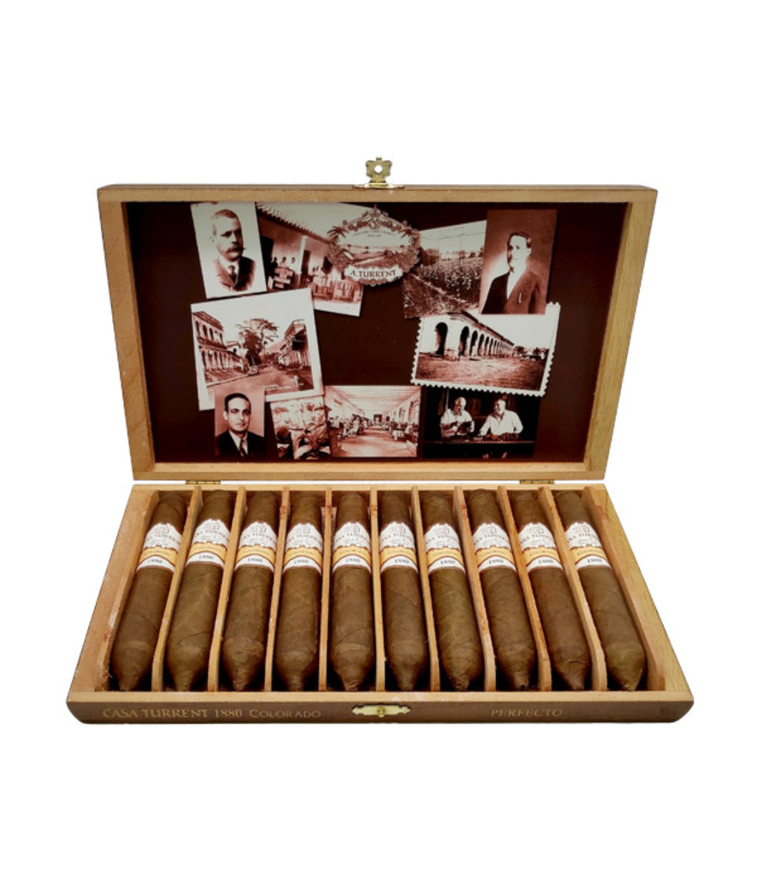 Casa Turrent 1880 Colorado Perfecto Cigar Box of 10 close-up from AuCigars, premium Cuban cigar