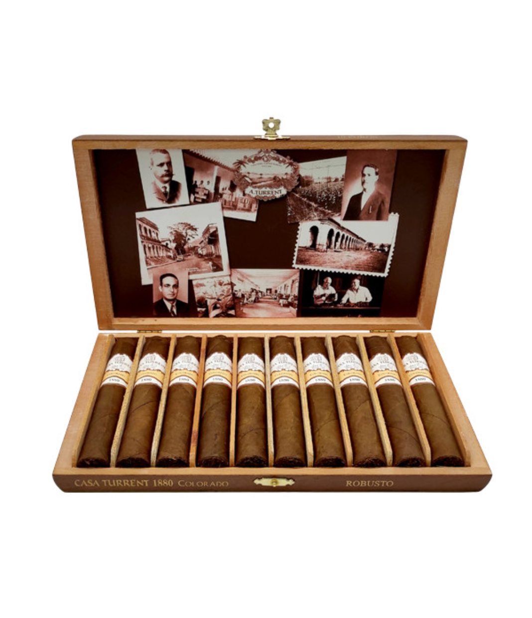 Casa Turrent 1880 Colorado Robusto Cigar Box of 10 close-up from AuCigars, premium Cuban cigar