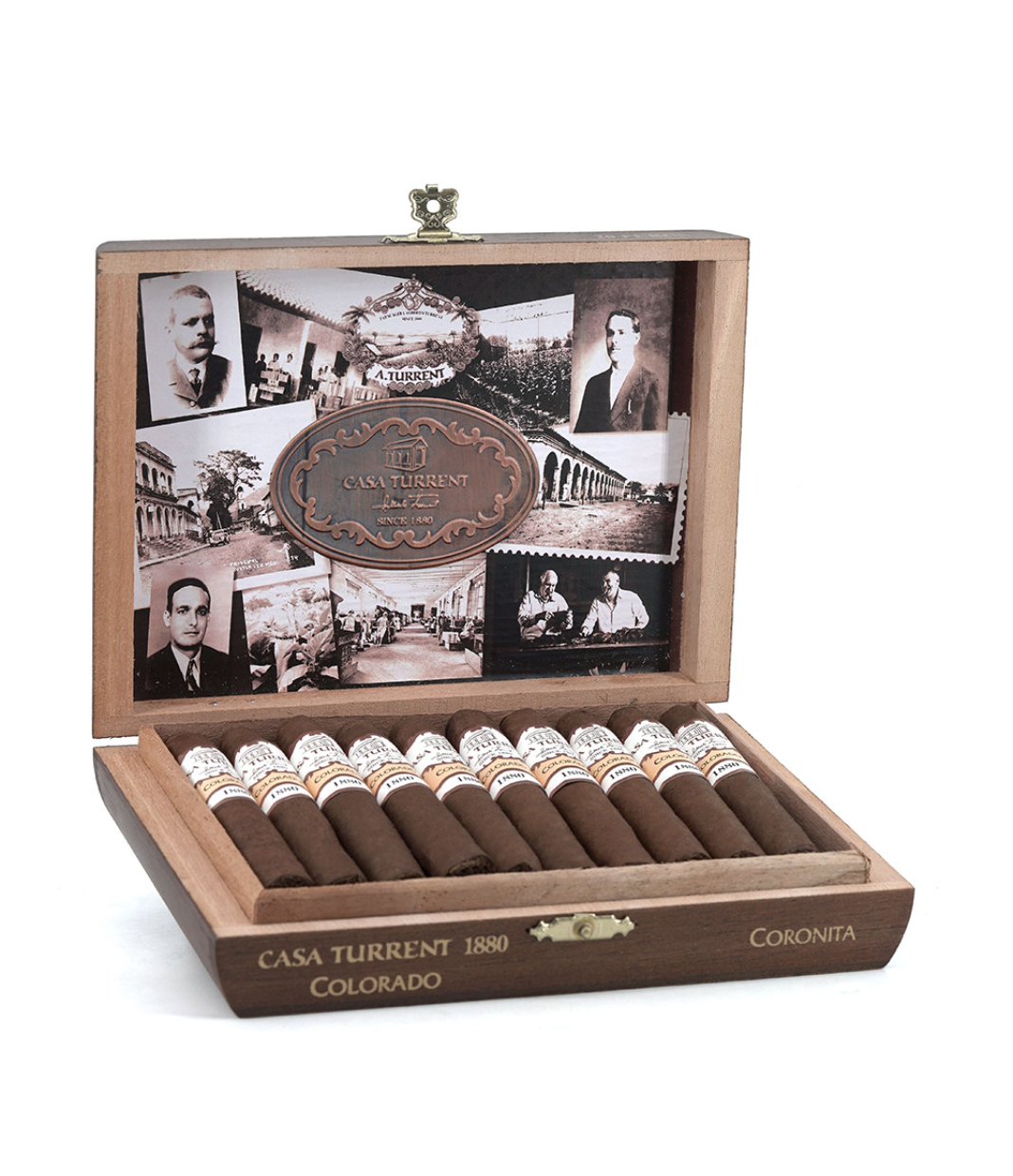 Casa Turrent 1880 Maduro Coronita Cigar Box of 20 close-up from AuCigars, premium Cuban cigar