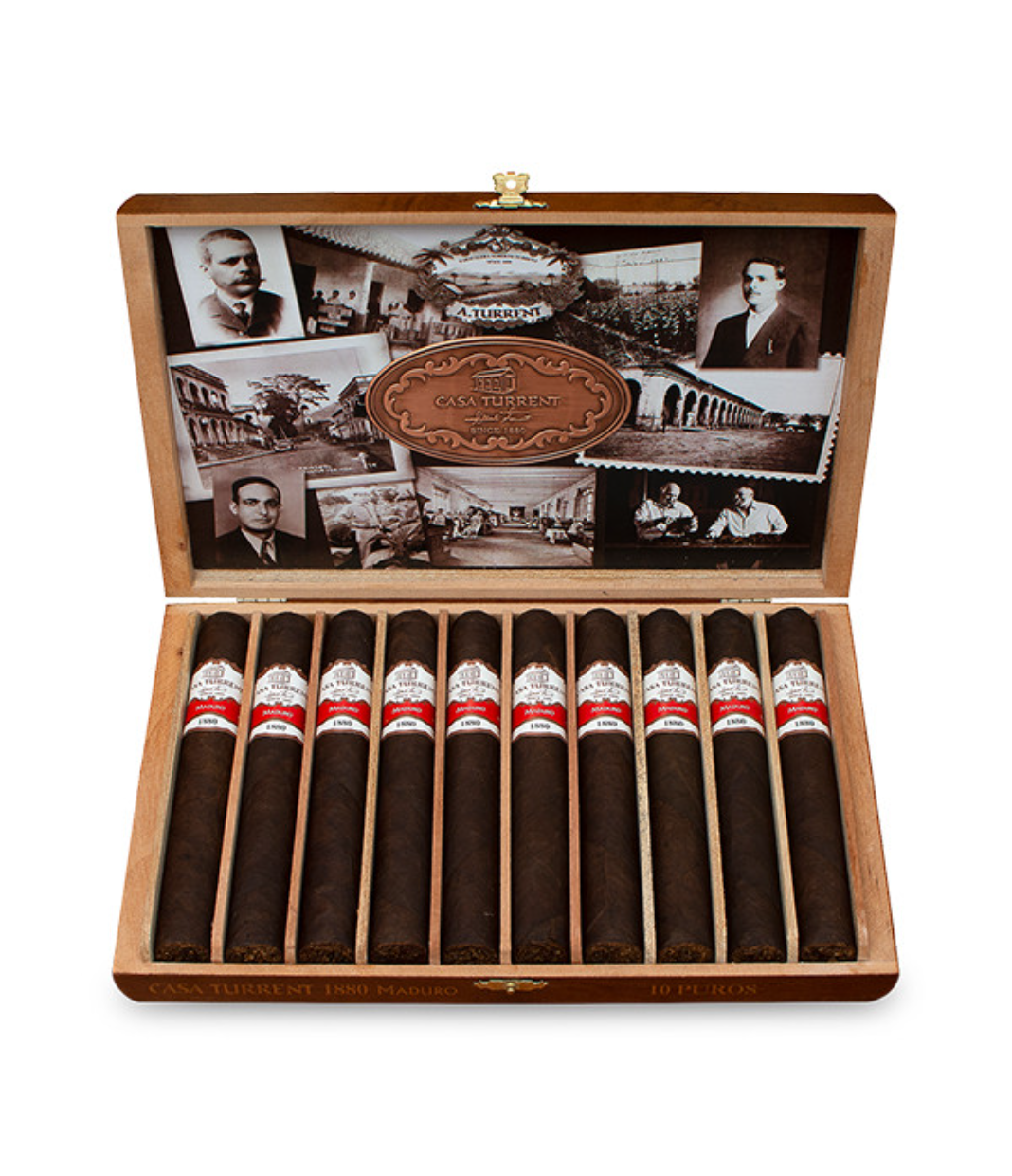 Casa Turrent 1880 Maduro Doble Robusto Cigar Box of 10 close-up from AuCigars, premium Cuban cigar