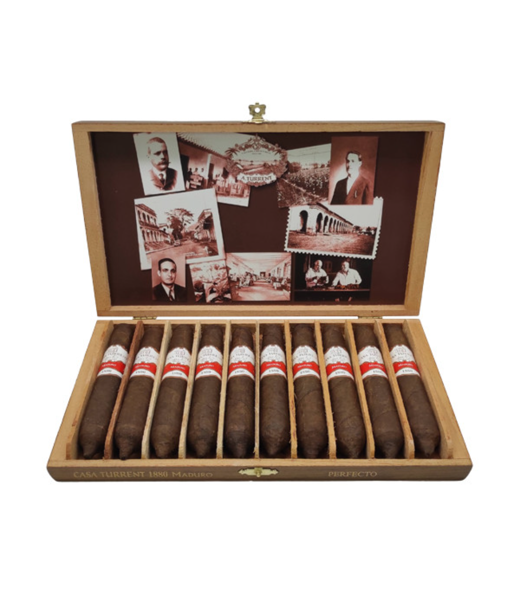 Casa Turrent 1880 Maduro Perfecto Cigar Box of 10 close-up from AuCigars, premium Cuban cigar