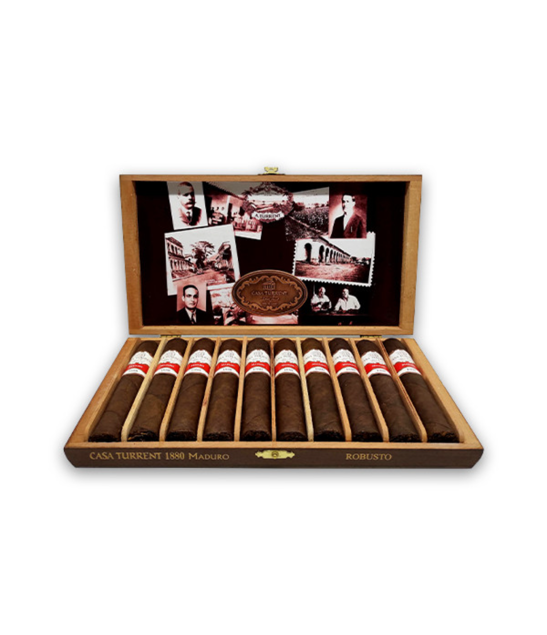 Casa Turrent 1880 Maduro Robusto Cigar Box of 10 close-up from AuCigars, premium Cuban cigar