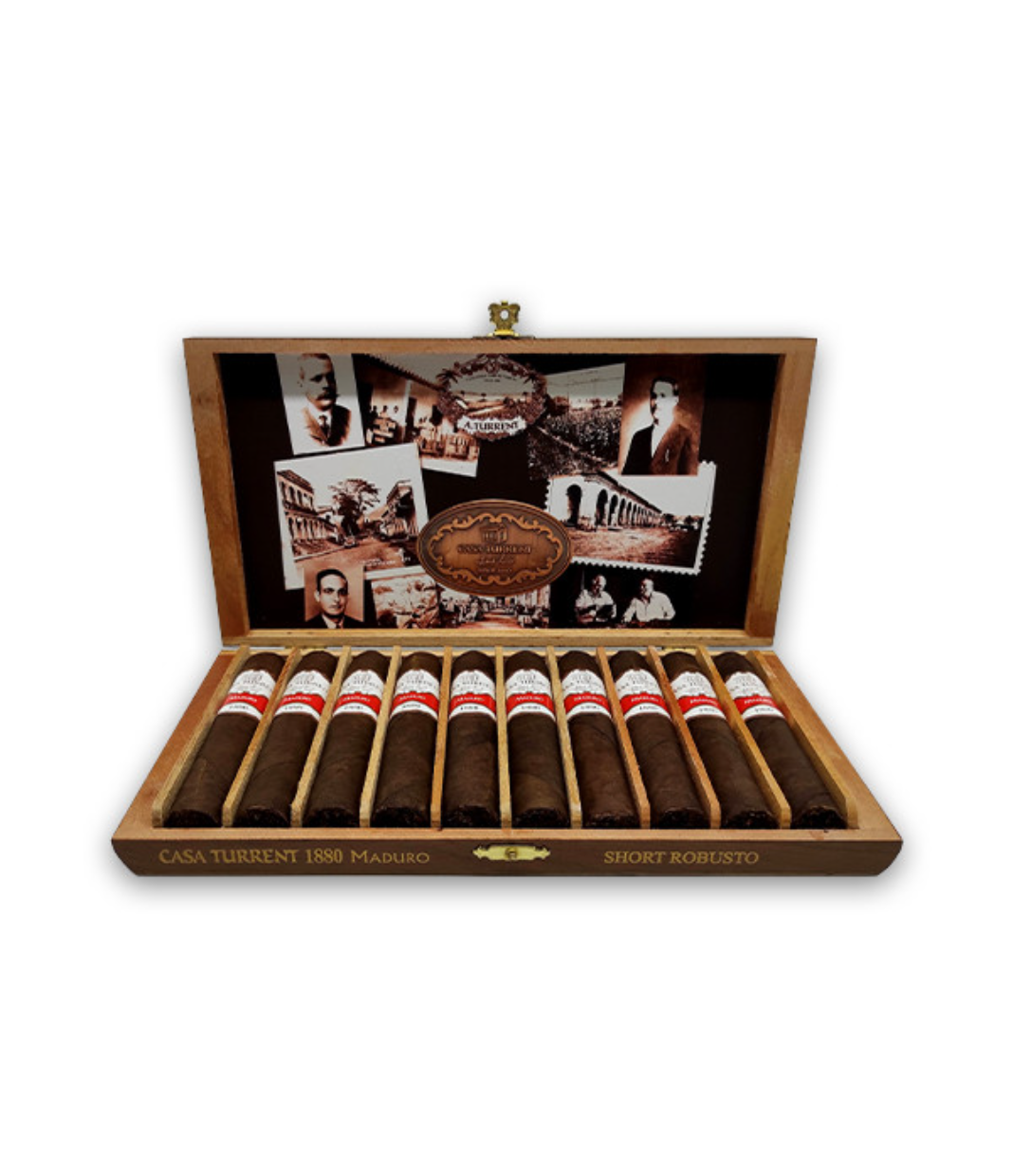 Casa Turrent 1880 Maduro Short Robusto Cigar Box of 10 close-up from AuCigars, premium Cuban cigar