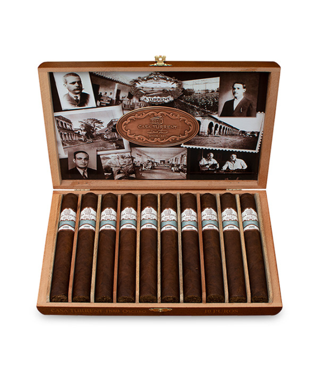 Casa Turrent 1880 Oscuro Doble Robusto Cigar Box of 10 close-up from AuCigars, premium Cuban cigar