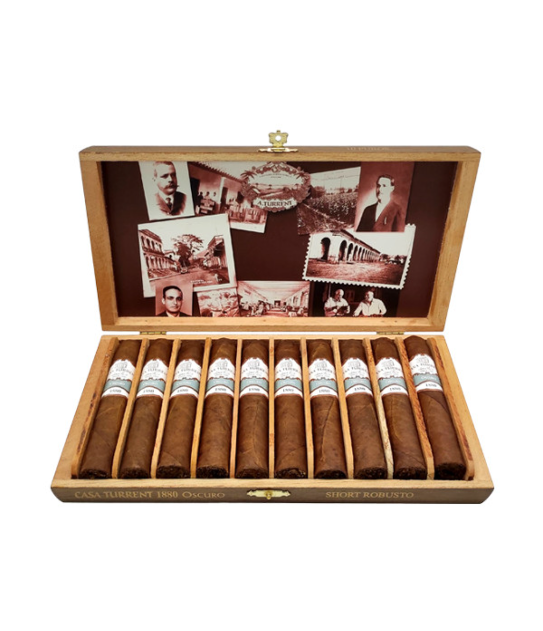 Casa Turrent 1880 Oscuro Short Robusto Cigar Box of 10 close-up from AuCigars, premium Cuban cigar