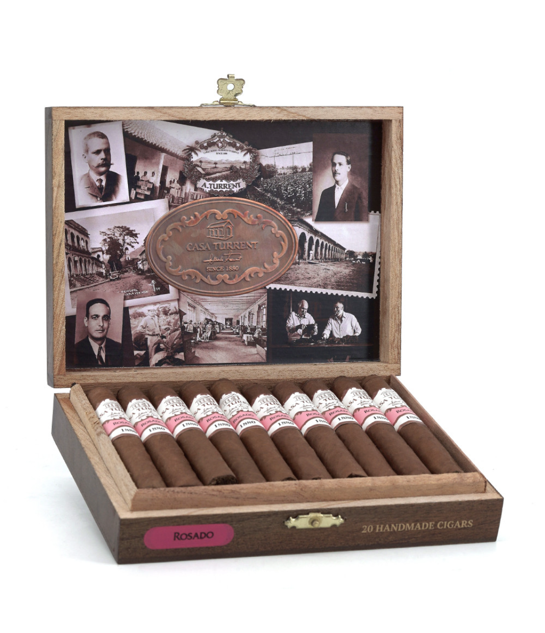 Casa Turrent 1880 Rosado Coronita Cigar Box of 20 close-up from AuCigars, premium Cuban cigar