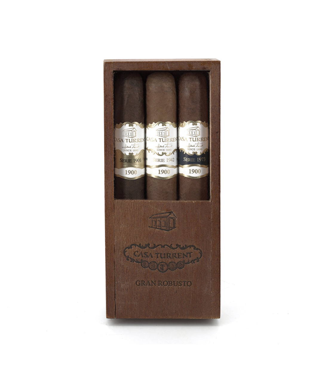 Casa Turrent Series 1901/1942/1973 Gran Robusto Mix Cigar Box of 3 close-up from AuCigars, premium Cuban cigar