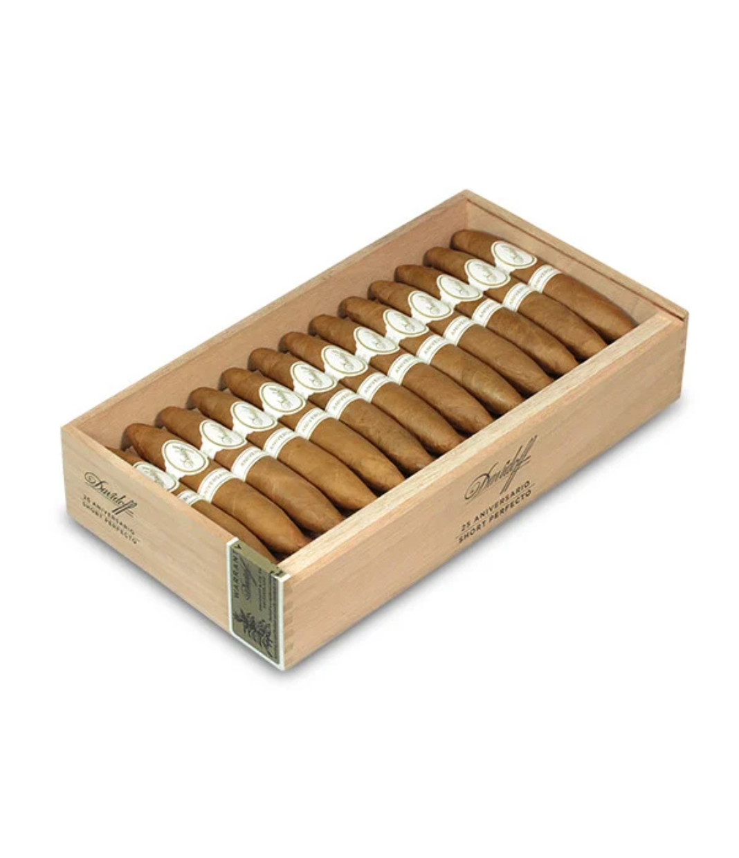 Davidoff Aniversario Short Perfecto Cigar Box of 25 close-up from AuCigars, premium Cuban cigar