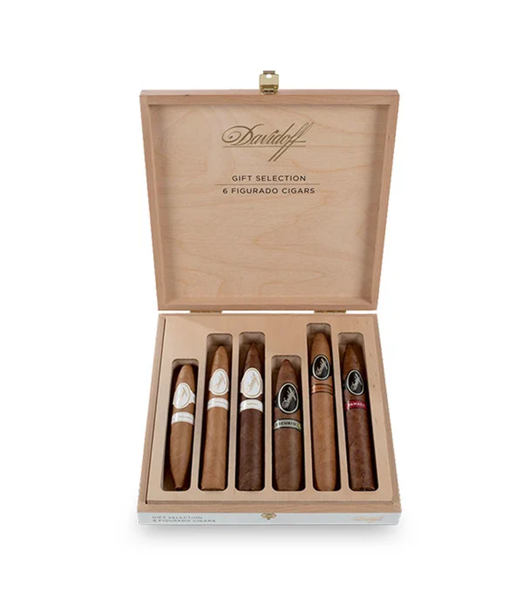 Davidoff Figurado Selection Cello Sampler Cigar Box of 6 close-up from AuCigars, premium Cuban cigar