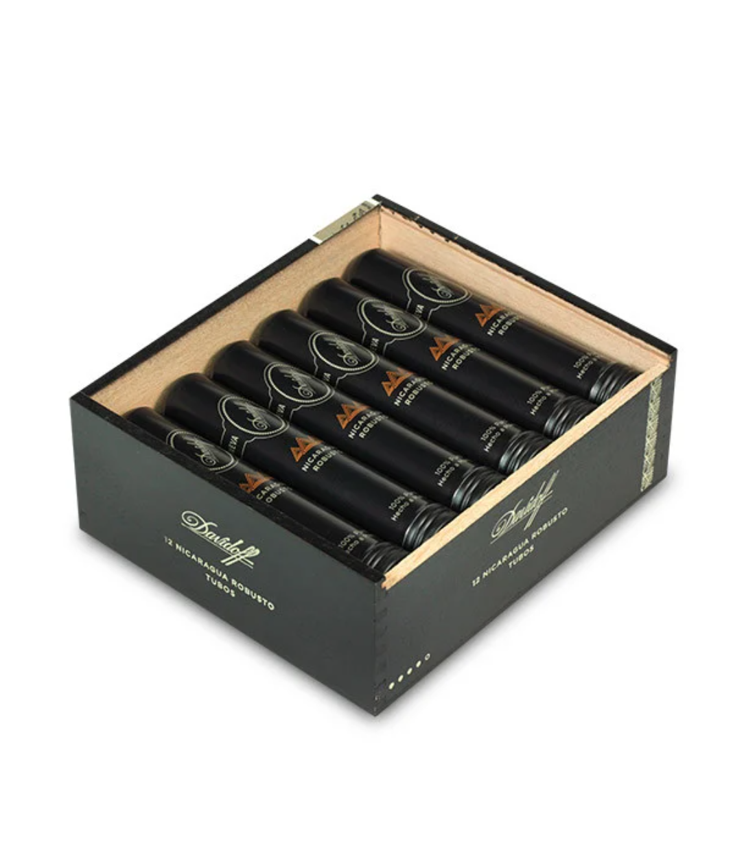 Davidoff Nicaragua Robusto Tubos Cigar Box of 12 close-up from AuCigars, premium Cuban cigar