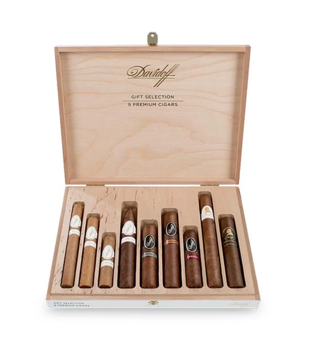 Davidoff Premium Gift Selection Sampler Cigar Box of 9 close-up from AuCigars, premium Cuban cigar