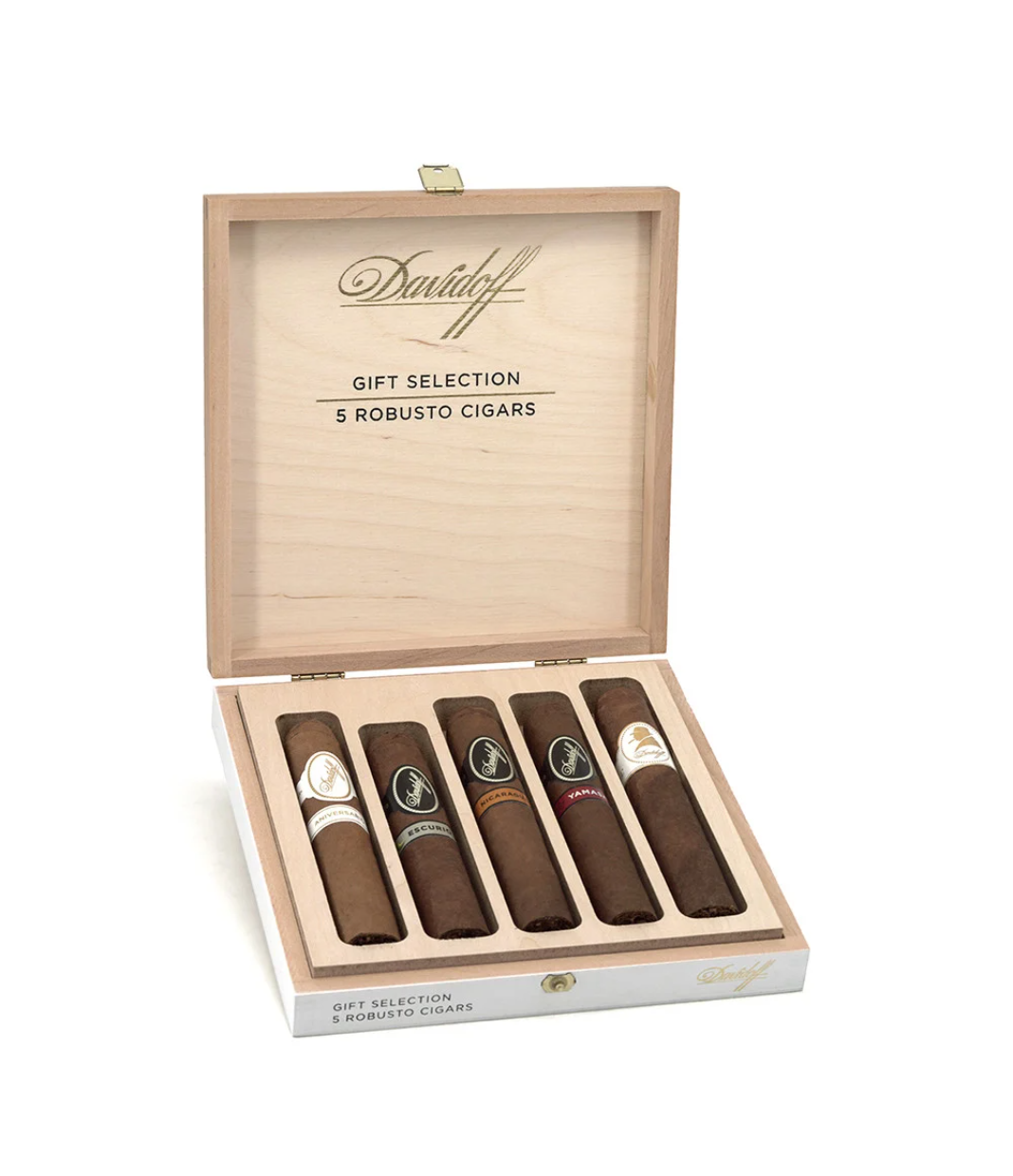 Davidoff Robusto Selection Sampler Cigar Box of 5 close-up from AuCigars, premium Cuban cigar