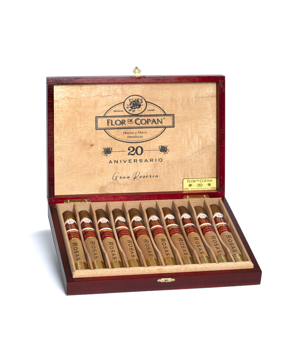 Flor De Copan Gran Reserva 20 Aniversario 2023 Limited Edition Cigar Box of 10 close-up from AuCigars, premium Cuban cigar