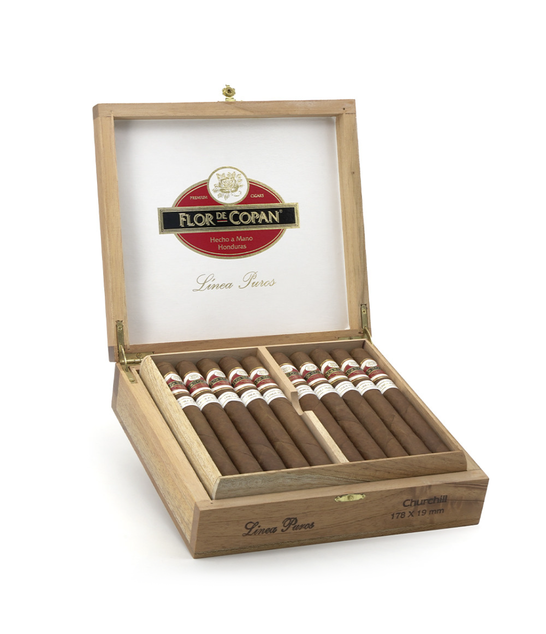 Flor De Copan Linea Puros Churchill Cigar Box of 20 close-up from AuCigars, premium Cuban cigar