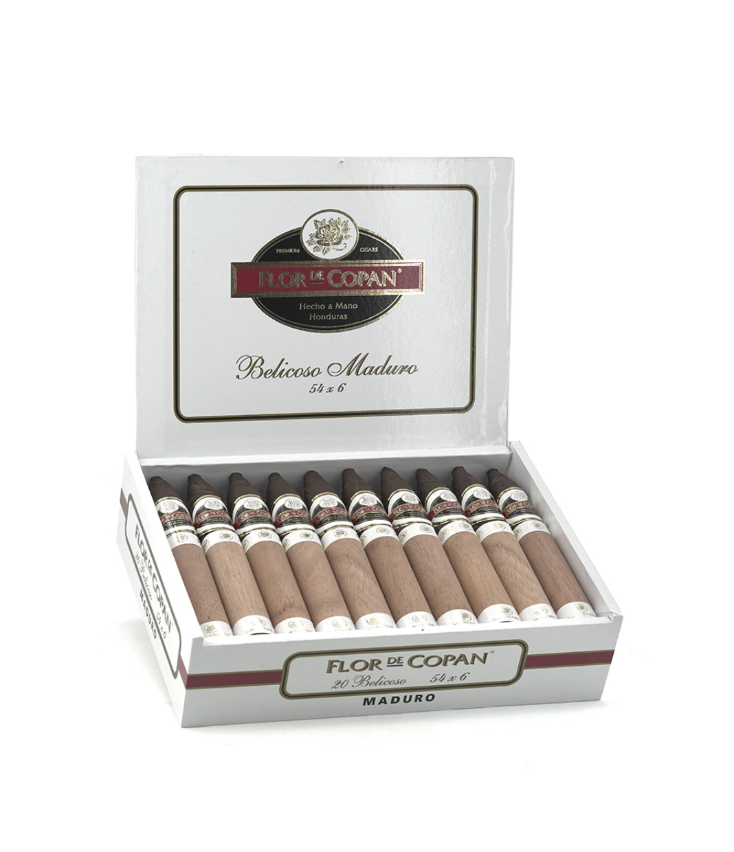 Flor De Copan Maduro Belicoso Cigar Box of 20 close-up from AuCigars, premium Cuban cigar