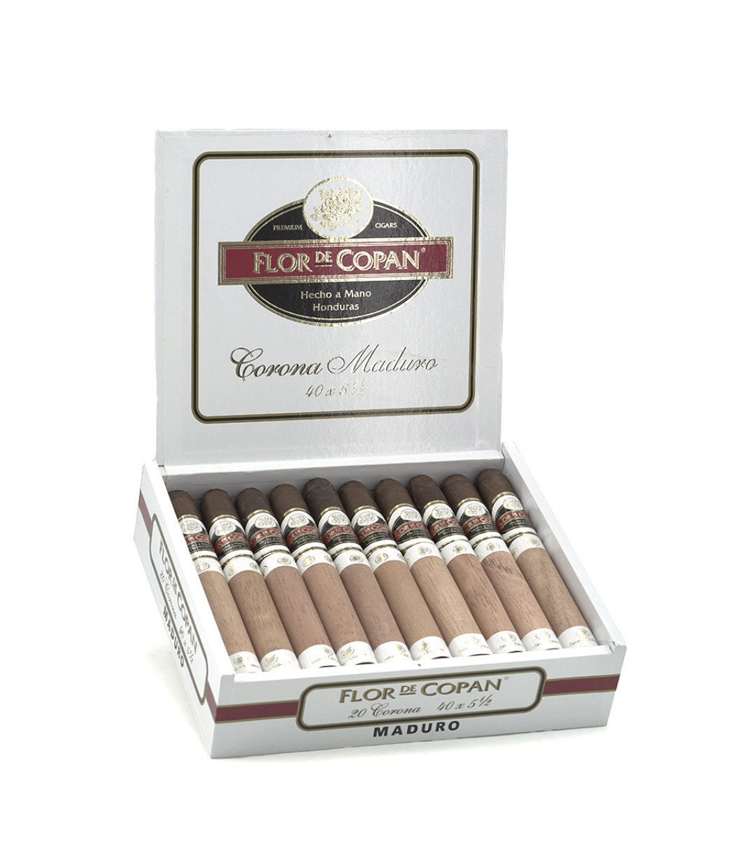 Flor De Copan Maduro Corona Cigar Box of 20 close-up from AuCigars, premium Cuban cigar