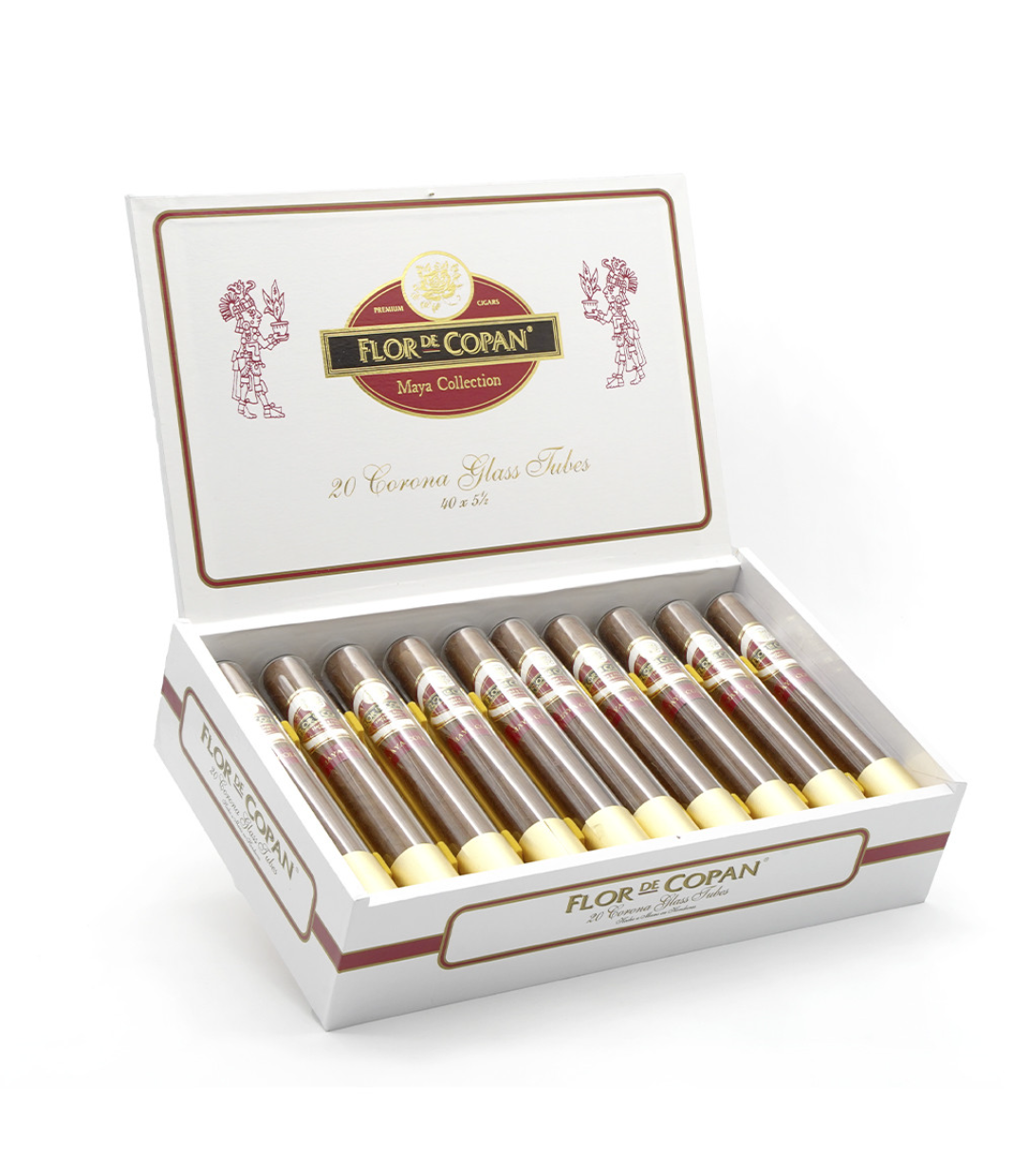 Flor De Copan Maya Collection Corona Glass Tube Cigar Box of 20 close-up from AuCigars, premium Cuban cigar