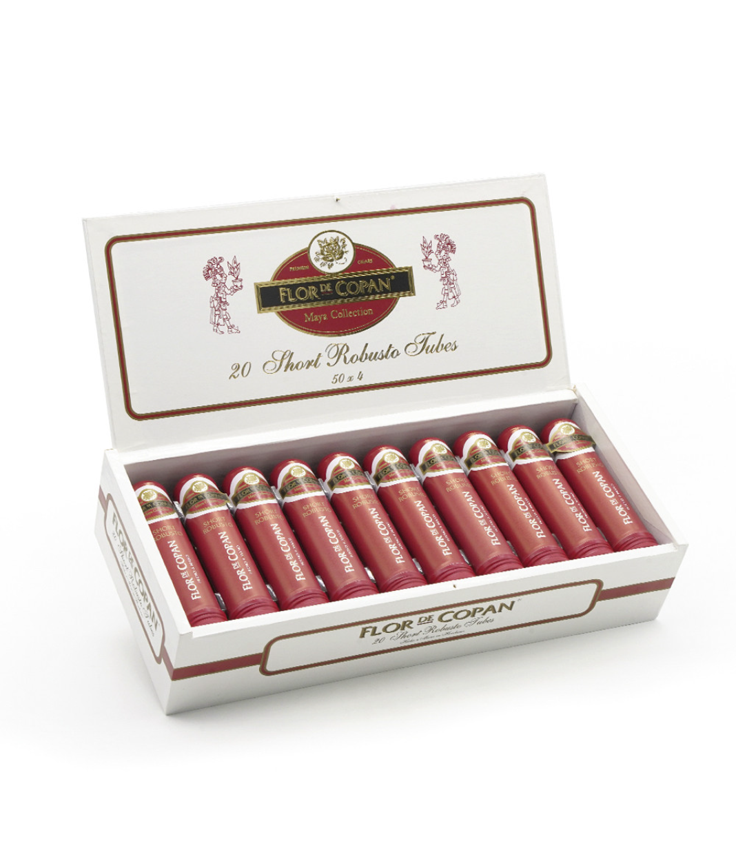Flor De Copan Maya Collection Short Robusto Tubes Cigar Box of 20 close-up from AuCigars, premium Cuban cigar