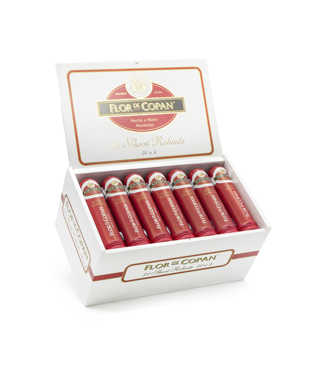 Flor De Copan Short Robusto Tube Cigar Box of 21 close-up from AuCigars, premium Cuban cigar