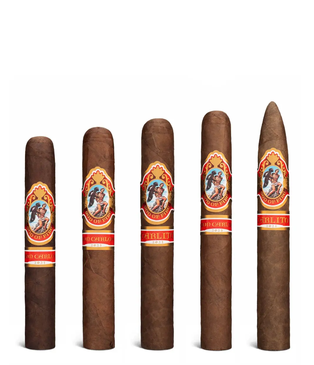 God Of Fire By Carlito And By Don Carlos Assortment (2023) Box of 5 from AuCigars, premium Cuban cigar.