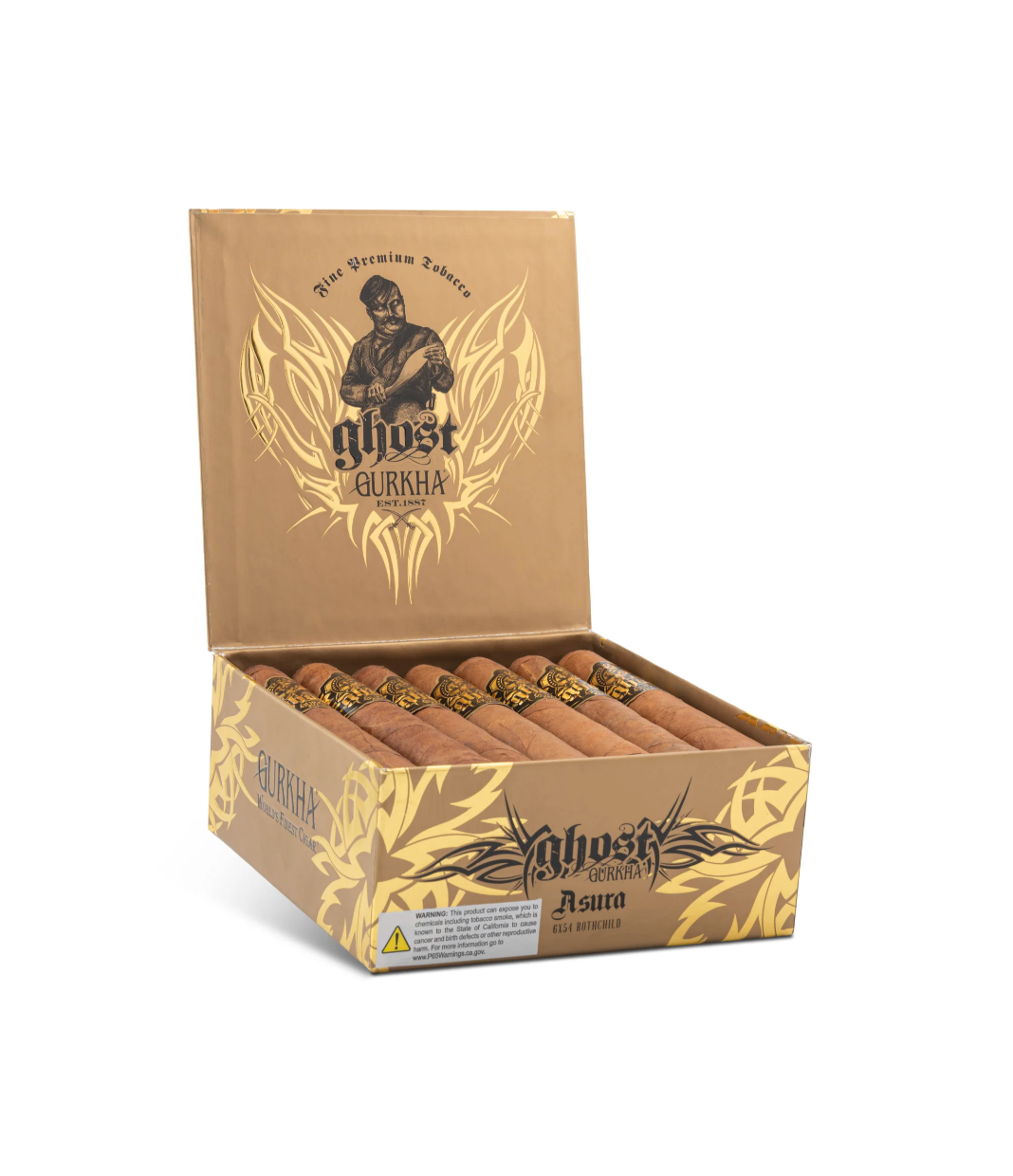Gurkha Ghost Gold Asura Cigar Box of 21 close-up from AuCigars, premium Cuban cigar