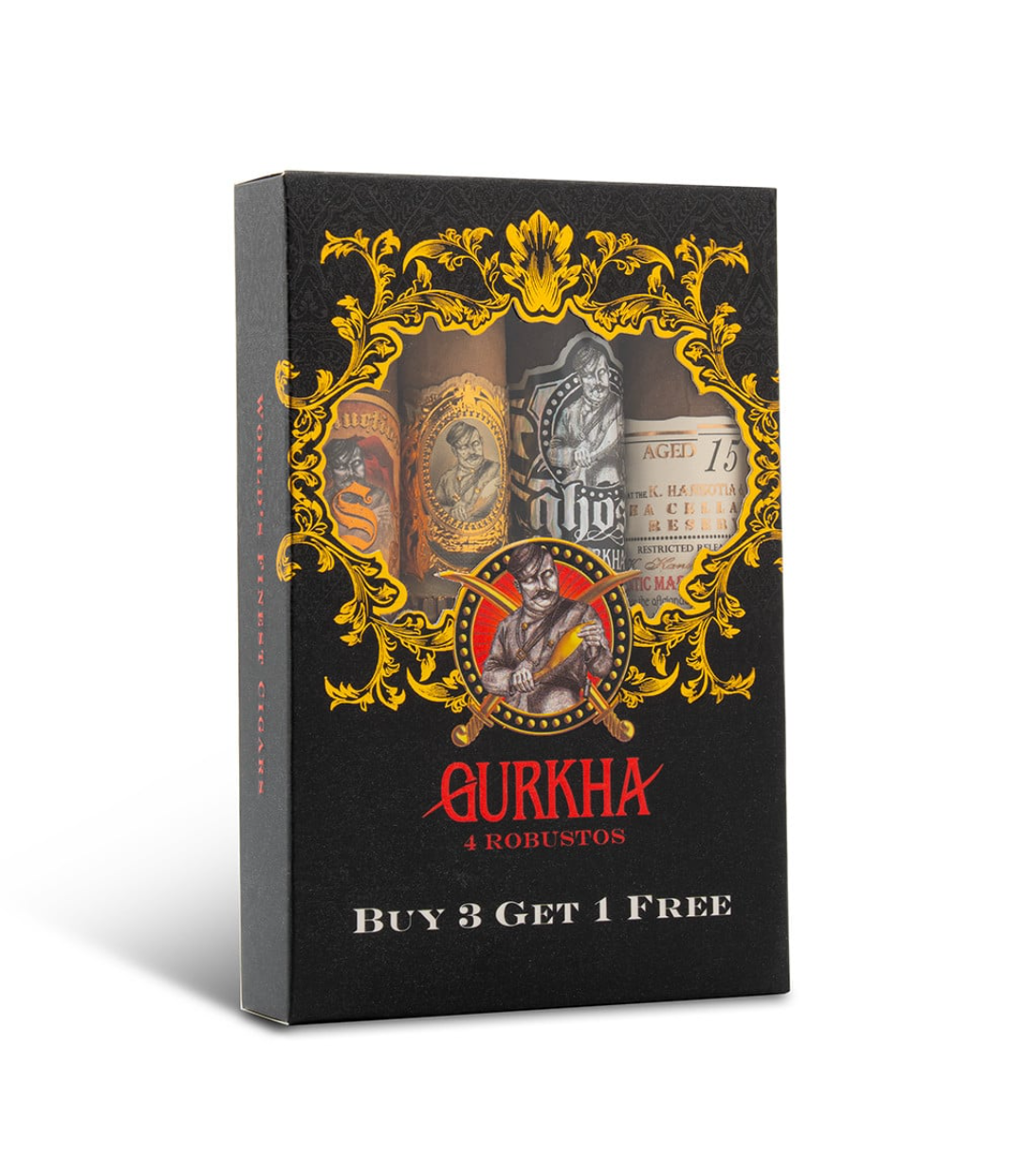 Gurkha Robusto Sampler Cigar Box of 5 X 4 close-up from AuCigars, premium Cuban cigar