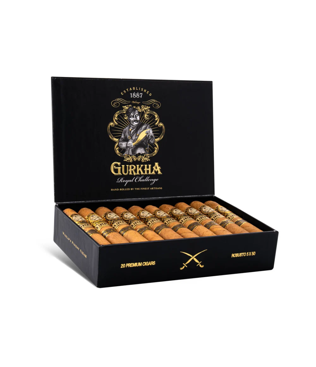 Gurkha Royal Challenge Robusto Cigar Box of 20 close-up from AuCigars, premium Cuban cigar