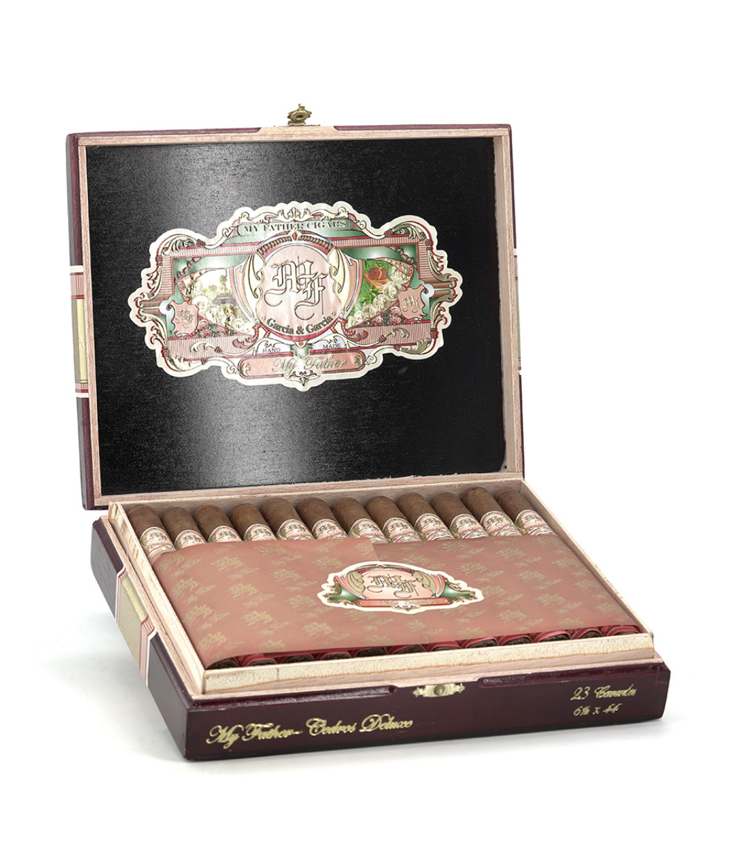 My Father Cedro Deluxe Cervantes Cigar Box of 23 close-up from AuCigars, premium Cuban cigar