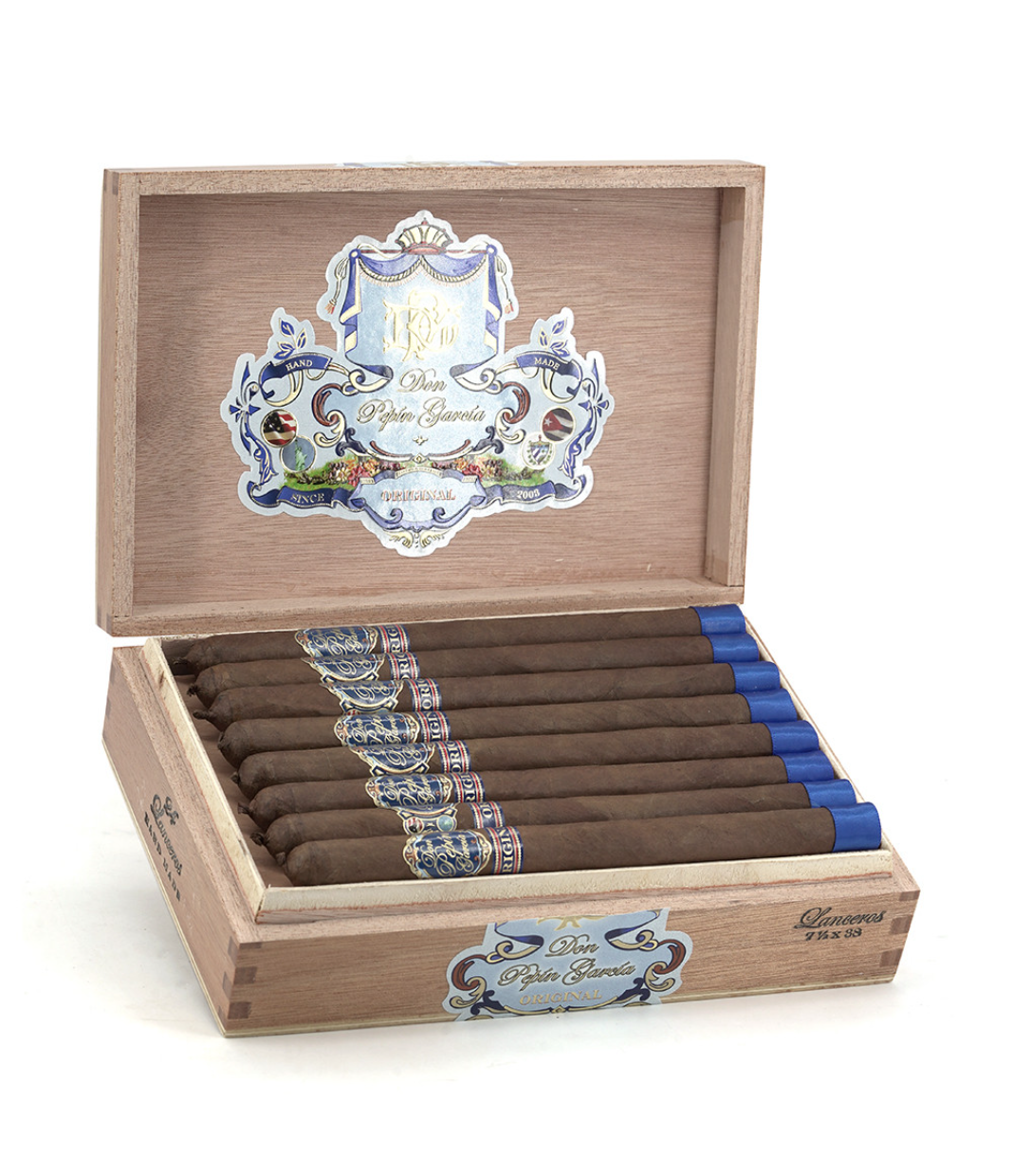 My Father Don Pepin Garcia Blue Lanceros Cigar Box of 24 close-up from AuCigars, premium Cuban cigar