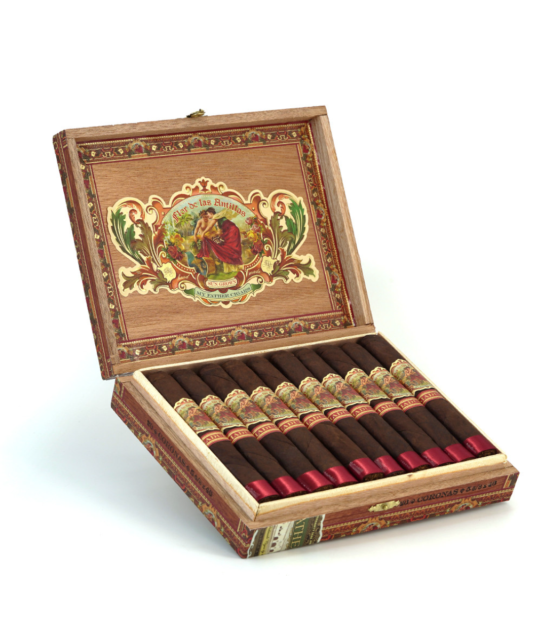 My Father Flor De Las Antillas Maduro Corona Cigar Box of 20 close-up from AuCigars, premium Cuban cigar