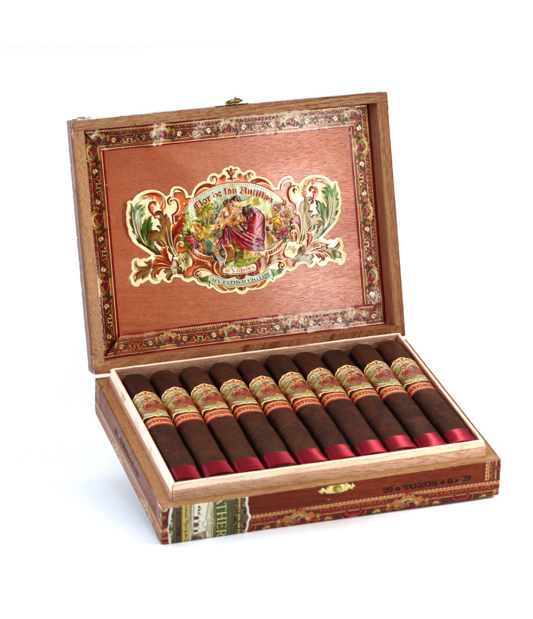 My Father Flor De Las Antillas Maduro Toro Cigar Box of 20 close-up from AuCigars, premium Cuban cigar